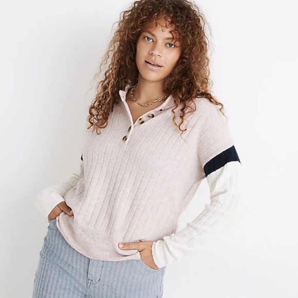 Madewell Striped Bowden Henley Alpaca Wool Sweater in Coziest Yarn Pink M - Picture 2 of 7